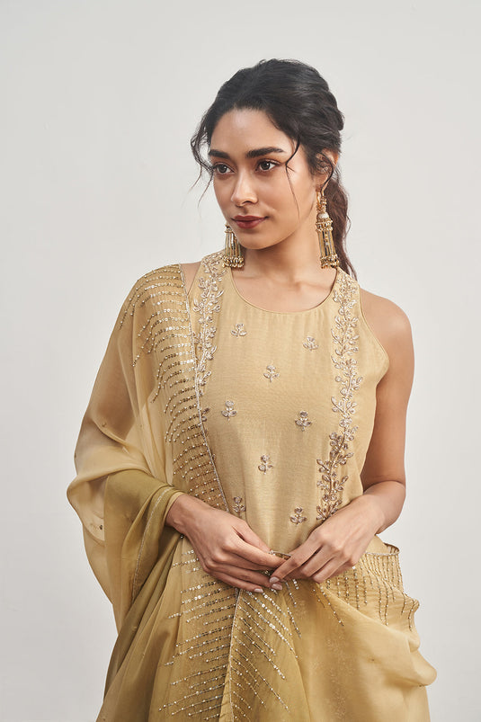 Beige Kalidaar with Beige X Olive Green Shaded Dupatta