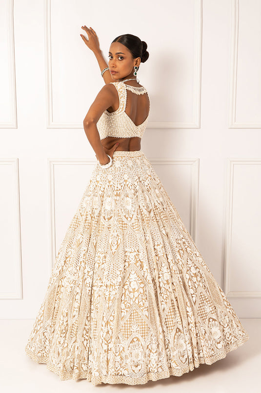 Beige pearl embroidered lehenga set