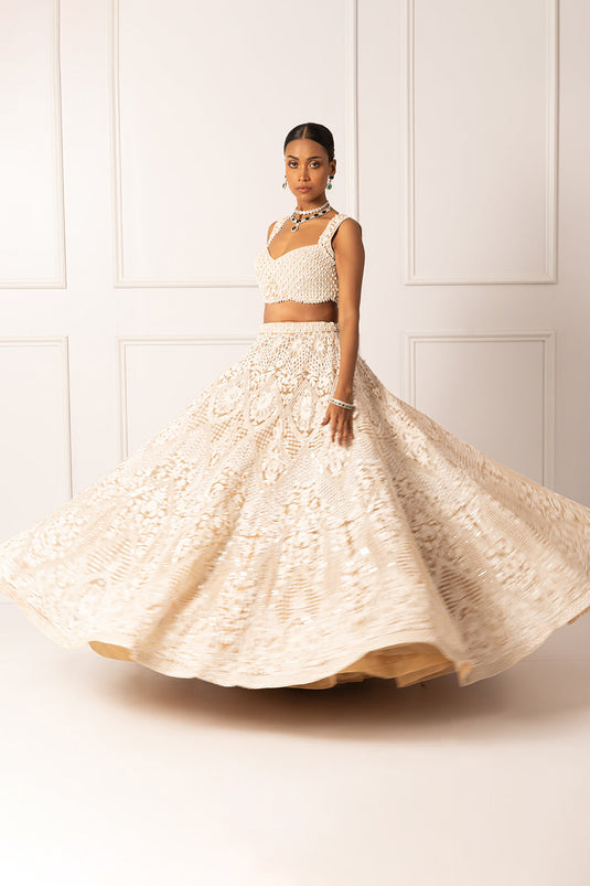 Beige pearl embroidered lehenga set