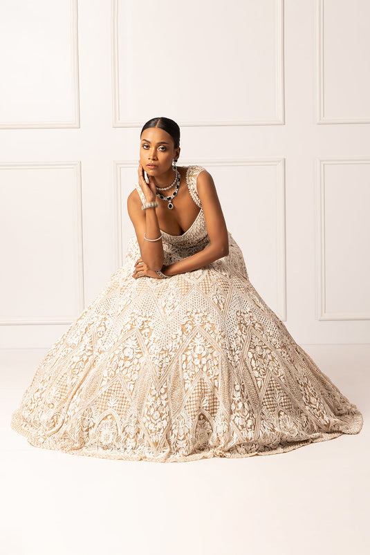 Beige pearl embroidered lehenga set