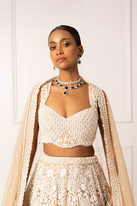 Beige pearl embroidered lehenga set