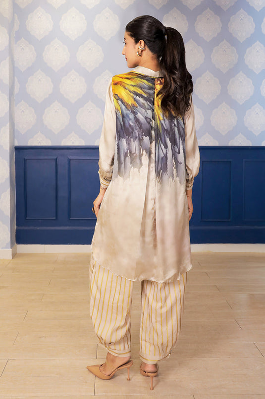 Beige Sunflower Print Satin Kurta with Chanderi Foil Farsi Salwar & Metallic Detailing