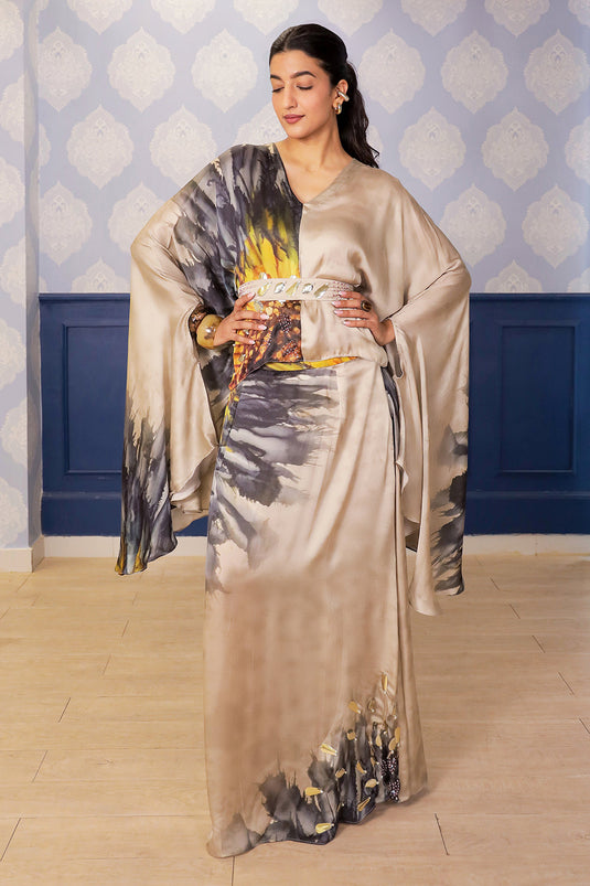 Beige Sunflower Print Satin Skirt Set with Embellished Belt & Asymmetric Kimono Blouse
