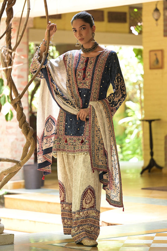 Black Blue Crepe Short Kurti With Printed Farshi Pants Dupatta