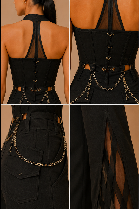 Black Chain Detail Corset Top & Statement Wide-Leg Pants Set