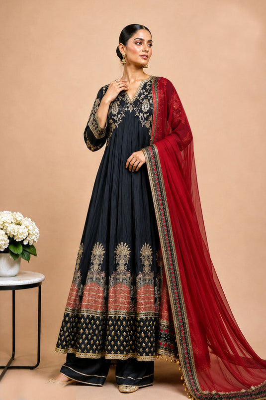 Black Crepe Anarkali Suit With Red Embroidered Dupatta And Detailing