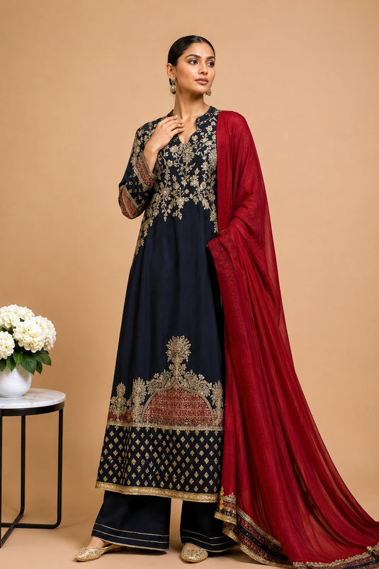 Black Crepe Kurta Palazzo Suit With Red Dupatta Detailing
