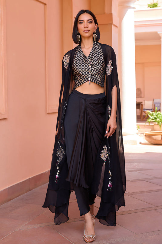 Black embroidered cape with waistcoat and drape skirt