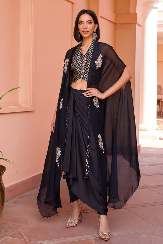 Black embroidered cape with waistcoat and drape skirt