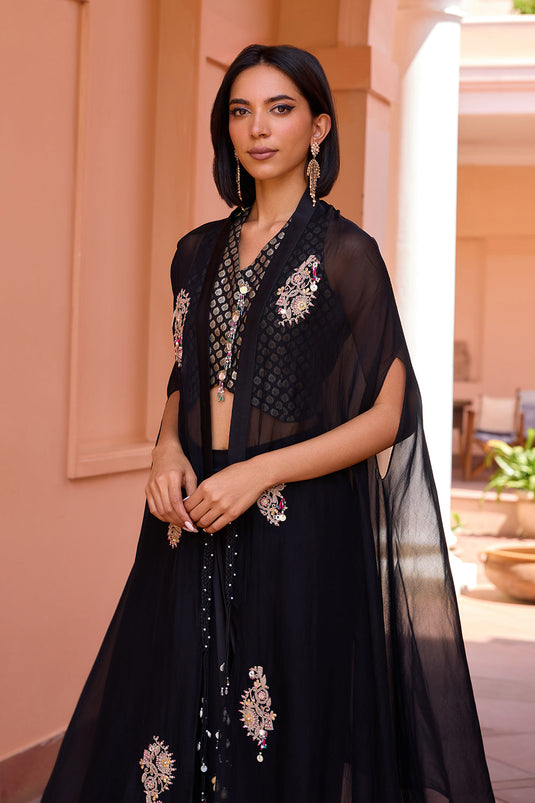 Black embroidered cape with waistcoat and drape skirt