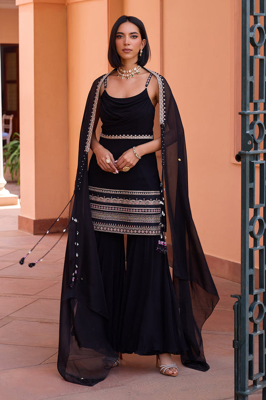 Black embroidered drape sharara set with concept dupatta