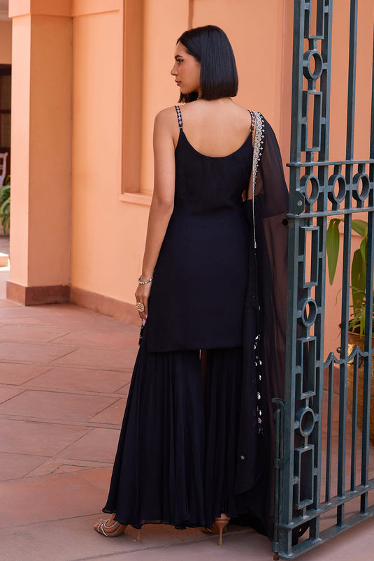 Black embroidered drape sharara set with concept dupatta