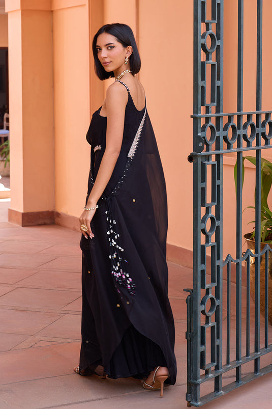 Black embroidered drape sharara set with concept dupatta