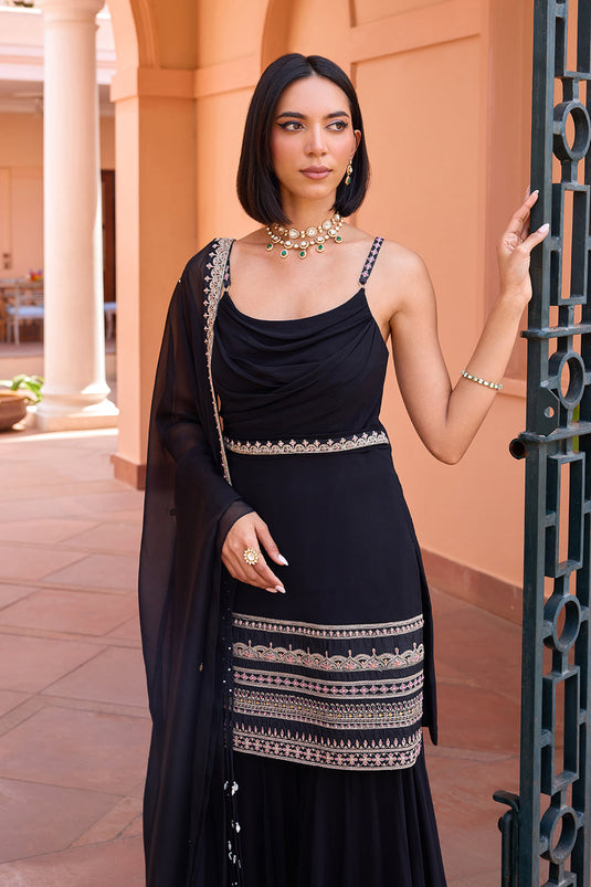 Black embroidered drape sharara set with concept dupatta