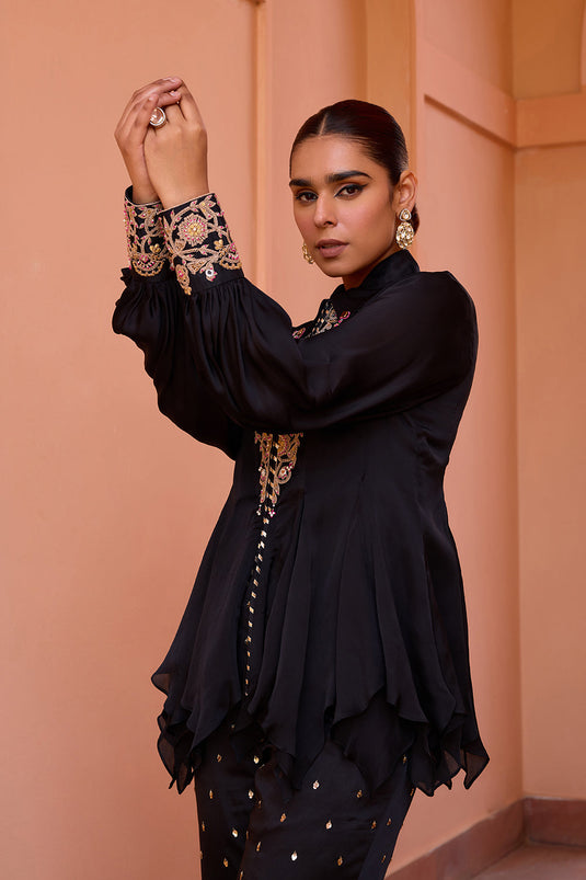 Black embroidered satin organza top with bustier