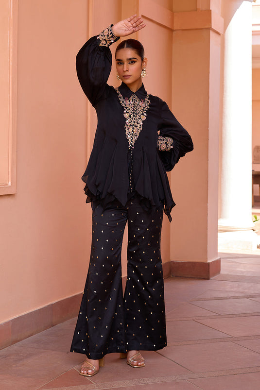 Black embroidered top and pants