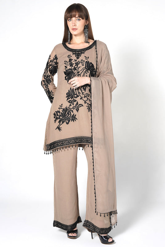 Black Georgette Kurta Set With Contrast White Embroidery And Matching Dupatta