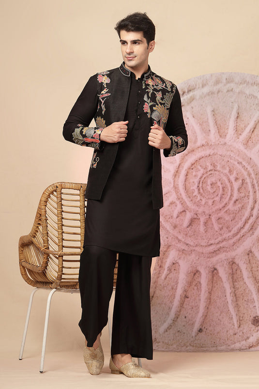 Black Indo-Western Kurta Set With Embroidered Nehru Jacket