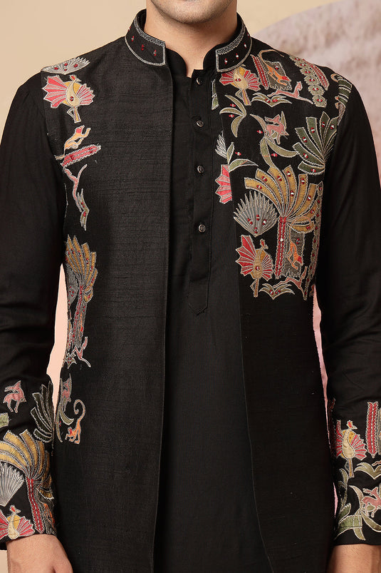 Black Indo-Western Kurta Set With Embroidered Nehru Jacket