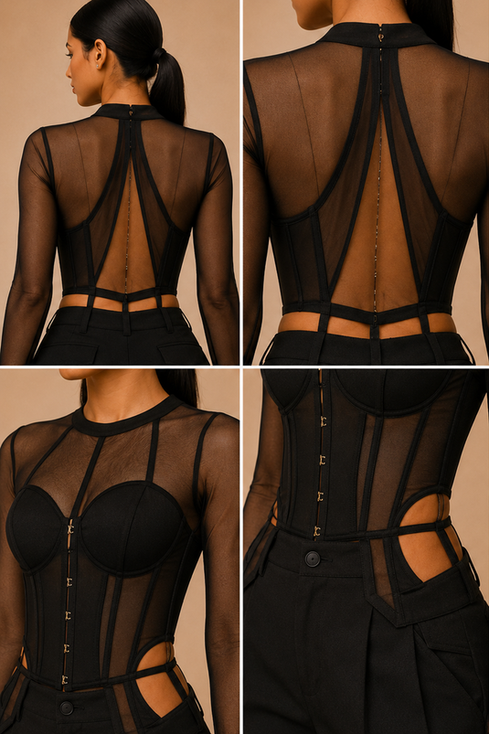 Black Mesh Corset Top & Wide-Leg Pants Co-Ord Set