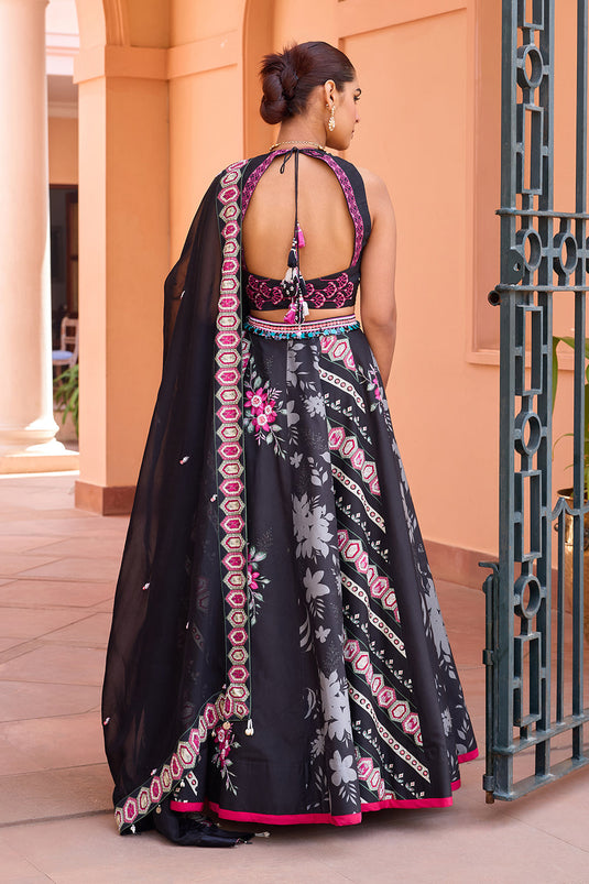 Black printed and embroidered lehenga set