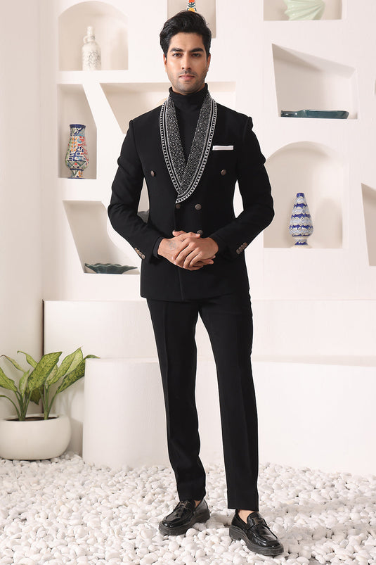 Black Shawl Lapel Tuxedo With Beads Work