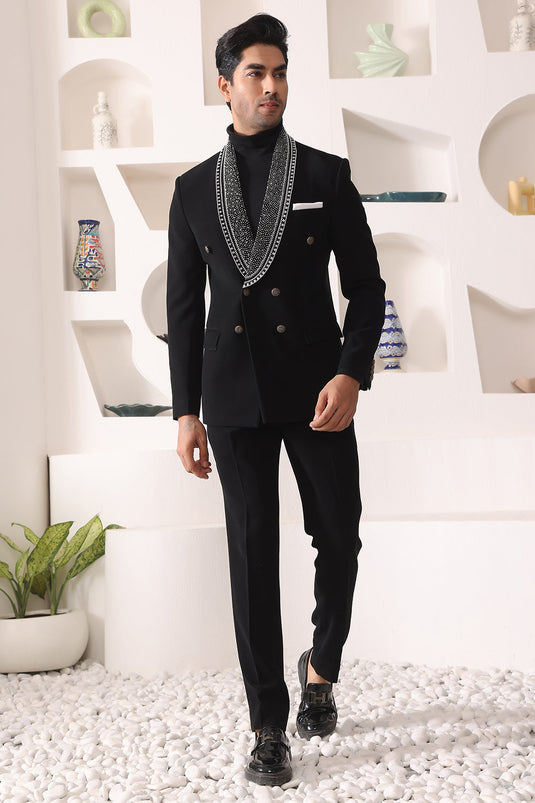 Black Shawl Lapel Tuxedo With Beads Work