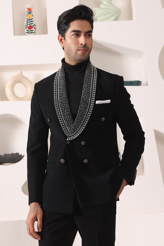 Black Shawl Lapel Tuxedo With Beads Work