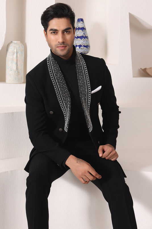 Black Shawl Lapel Tuxedo With Beads Work