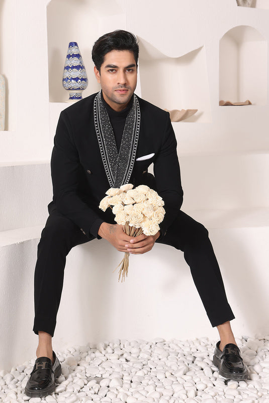 Black Shawl Lapel Tuxedo With Beads Work