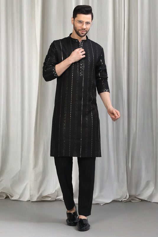 Black Silver  Stripe  Embroidered Kurta Set With Back Elastic Pants