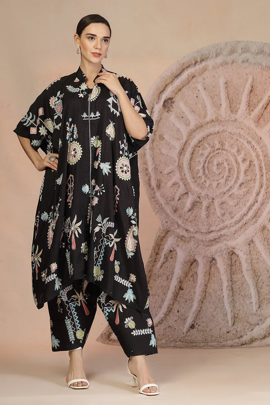Black Slub Cotton 3-Piece Set with Harem Pants & Tribal Detailing