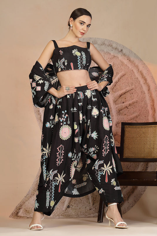 Black Slub Cotton 3-Piece Set with Harem Pants & Tribal Detailing