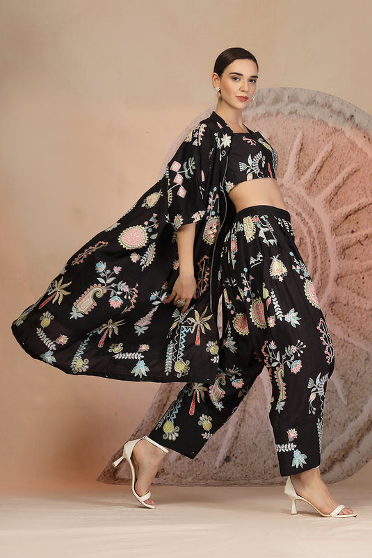 Black Slub Cotton 3-Piece Set with Harem Pants & Tribal Detailing