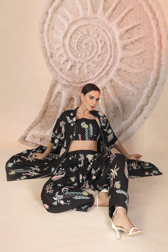 Black Slub Cotton 3-Piece Set with Harem Pants & Tribal Detailing