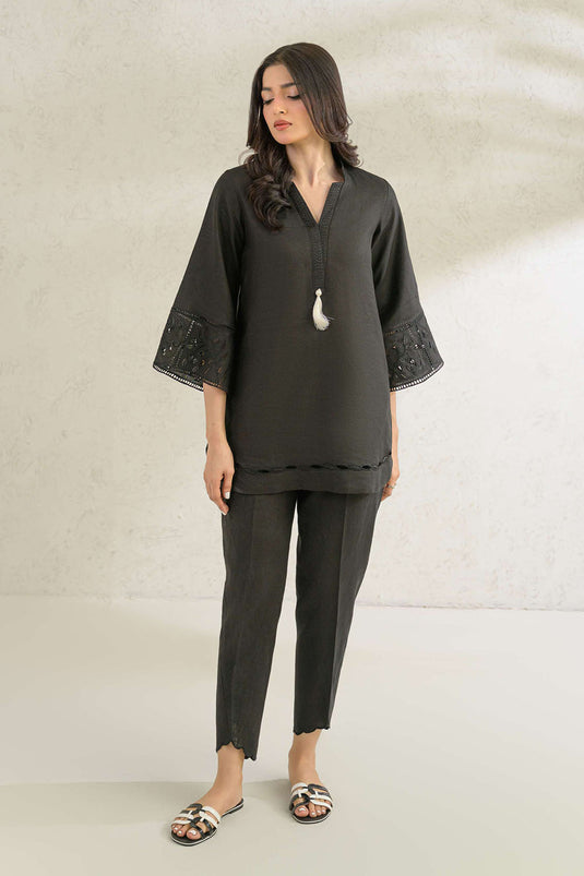 Black Solid Embellished  Co-Ord Sets