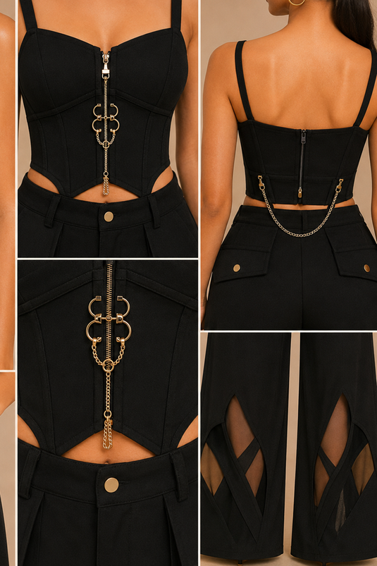 Black Corset Crop Top with Wide-Leg Mesh Cut-Out Pants Co-Ord Set