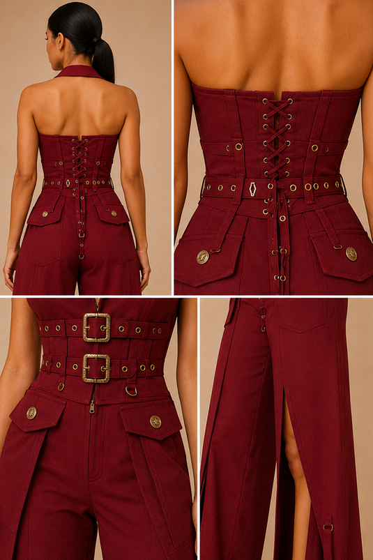 Blood Red Buckle Corset Top & Wide-Leg Wrap Pants Co-Ord Set