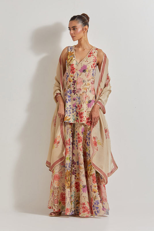 Blooking Burst Tissue Chanderi Peplum Top With Panelled Vicose Tissue Sharara And Dupatta
