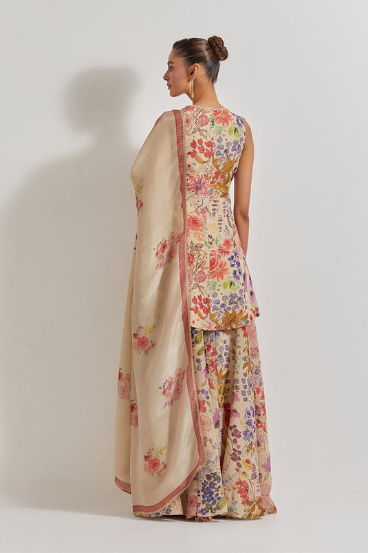 Blooking Burst Tissue Chanderi Peplum Top With Panelled Vicose Tissue Sharara And Dupatta