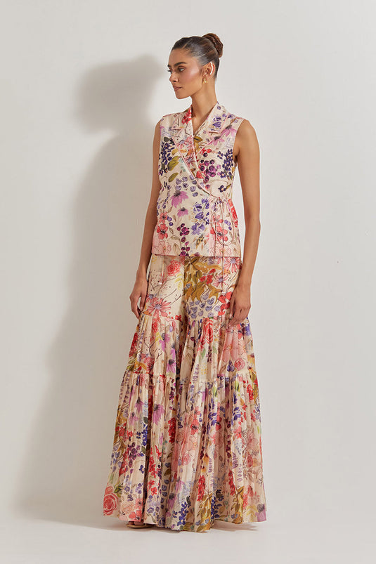 Blooming Burst Chanderi Wrap Top Paired With  Chanderi Silk Sharara