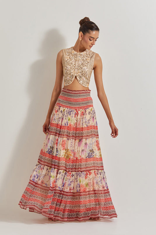 Blooming Burst Chiffon Tiered Skirt Paired With Hand Embellished Waist Coat