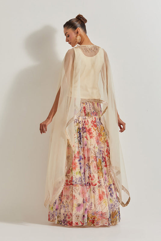 Blooming Burst Chiffon Tiered  Skirt Paired With  Organza Silk Hand Embllished Cape