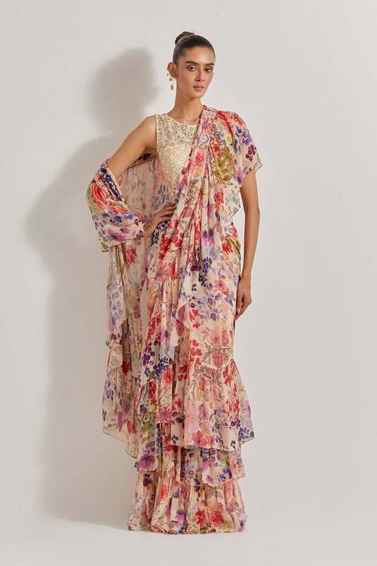 Blooming Burst Georgette Tiered Saree Paired With Hand Embellished Blouse