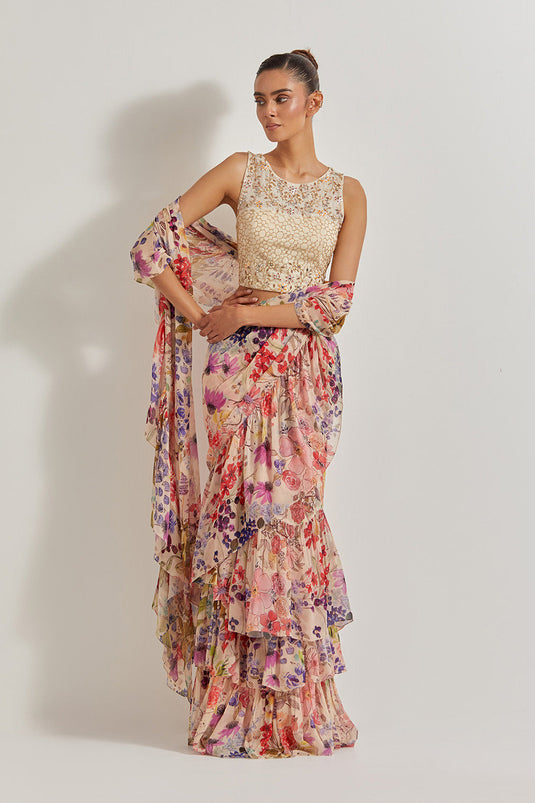 Blooming Burst Georgette Tiered Saree Paired With Hand Embellished Blouse