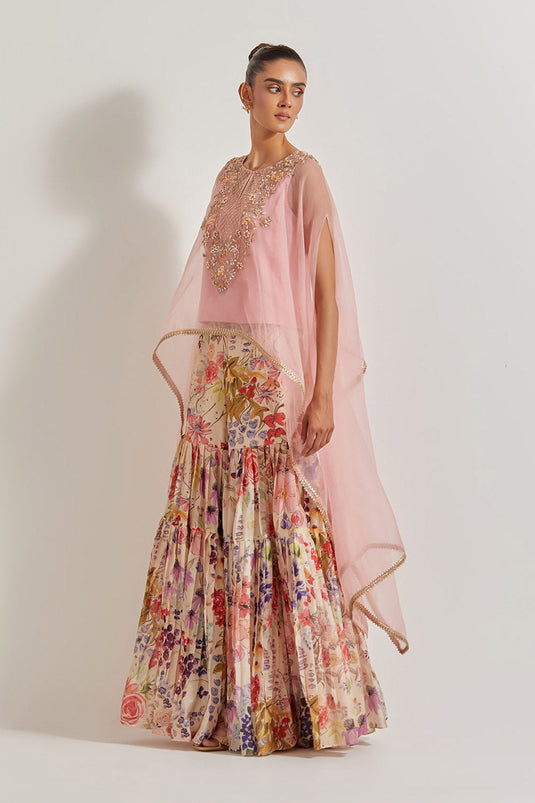 Blooming Burst  Pleated Chanderi Silk Sharara Paired With  Organza Silk Hand Embllished Cape