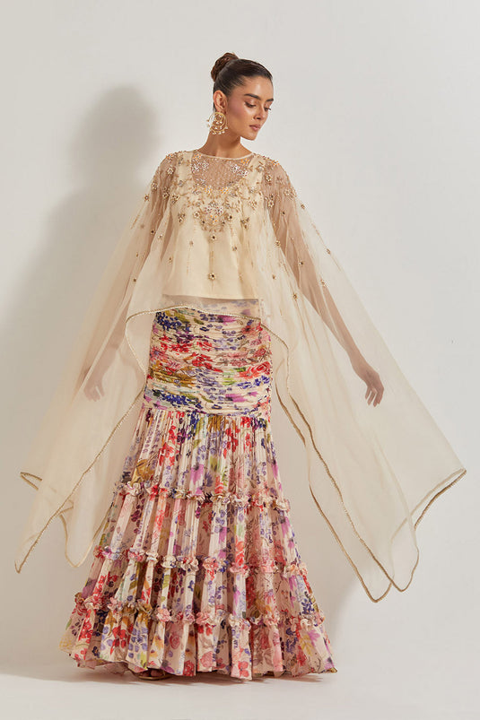 Blooming Burst Ruched  Tiered Skirt Paired With  Organza Silk Hand Embllished Cape