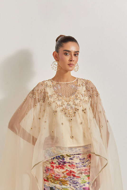 Blooming Burst Ruched  Tiered Skirt Paired With  Organza Silk Hand Embllished Cape
