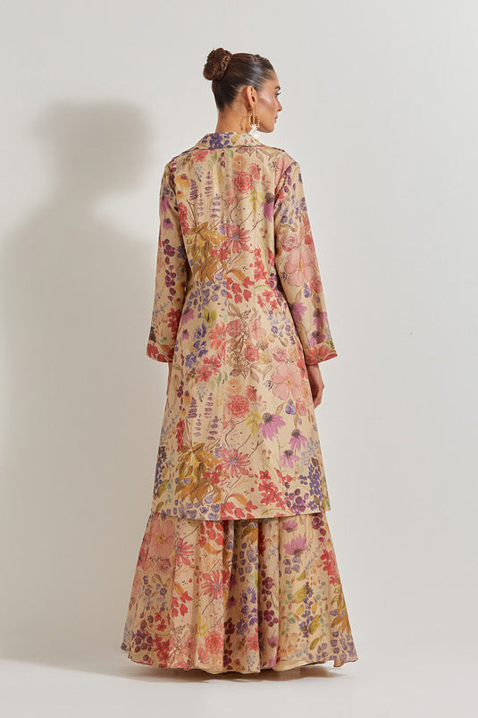 Blooming Burst Tissue Chanderi Panelled Skirt Paired With Hand Emebellished Bustier And Long Jacket
