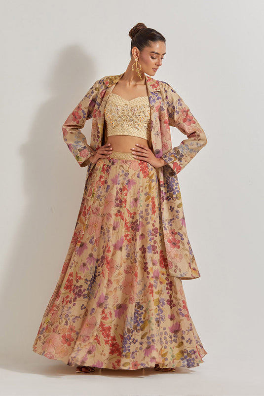Blooming Burst Tissue Chanderi Panelled Skirt Paired With Hand Emebellished Bustier And Long Jacket